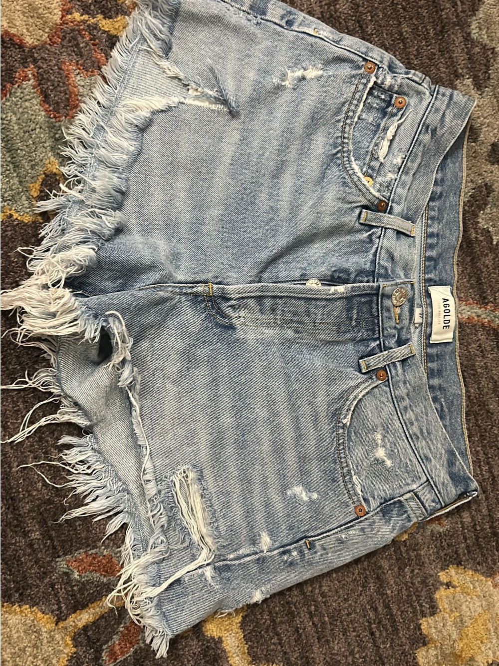 Agolde Light Wash Frayed Hem Distressed Denim Shorts